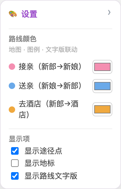设置面板：路线颜色、字体、标题色、显示项开关